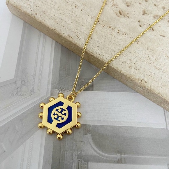 Tory Burch Gold Necklace with Blue Hexagon Pendant - Picture 3 of 6